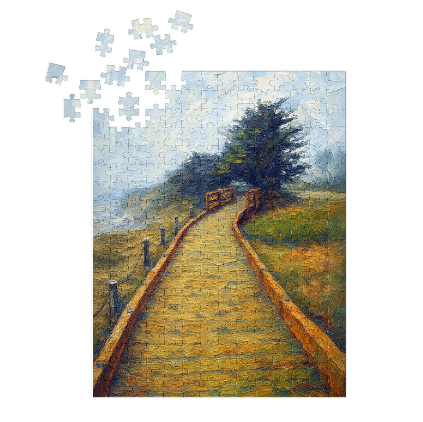 Foggy Boardwalk Jigsaw Puzzle with Tin